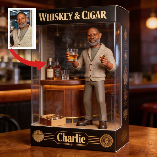 Personalized Elderly Black Man Whiskey & Cigar Shaped Acrylic Plaque Gift for Him