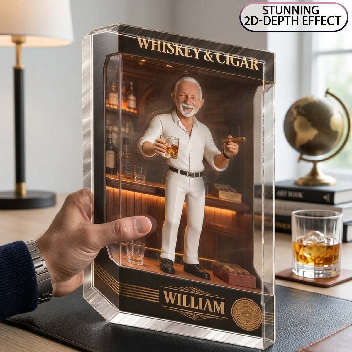 Personalized Elderly Black Man Whiskey & Cigar Shaped Acrylic Plaque Gift for Him