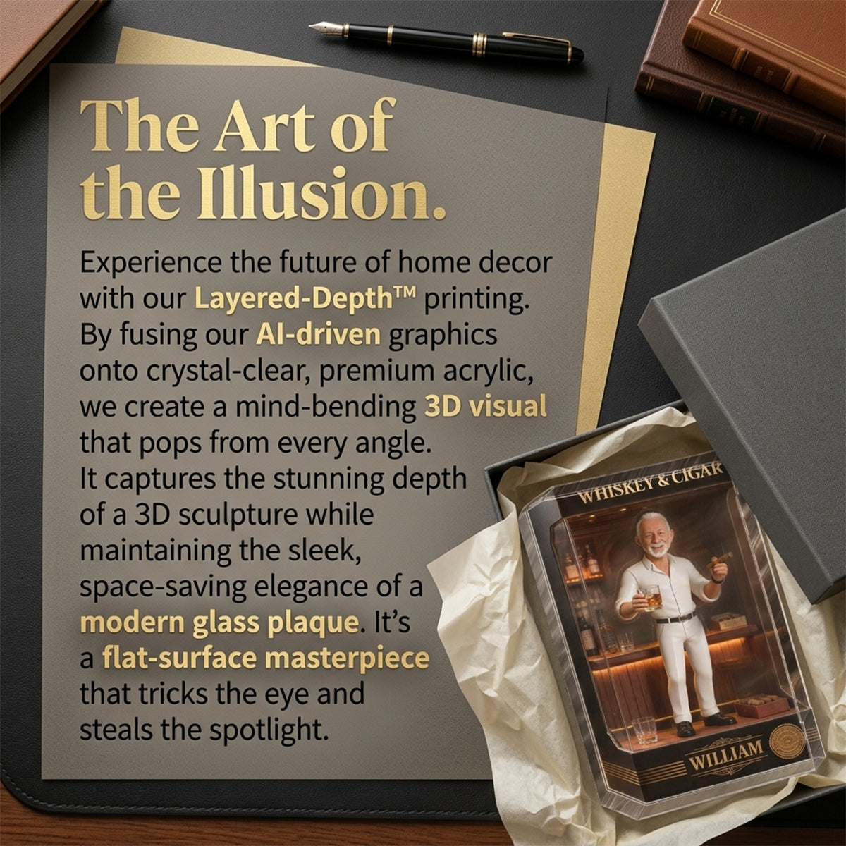 Personalized Elderly Black Man Whiskey & Cigar Shaped Acrylic Plaque Gift for Him