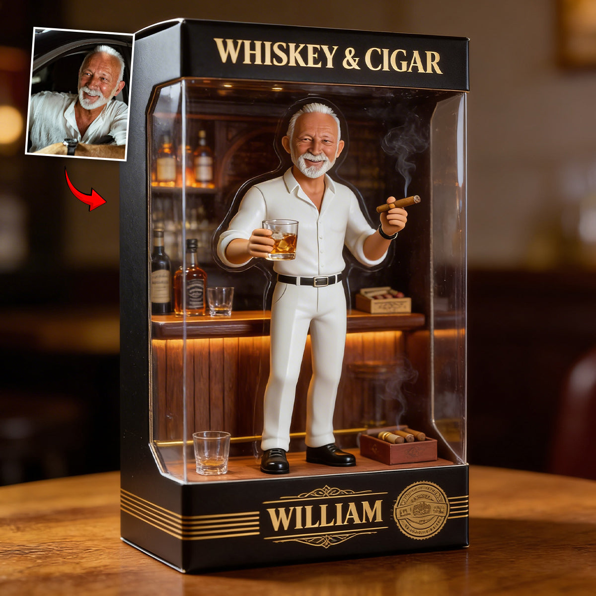 Plaque Acrylique Personnalisée Homme Latino Âgé avec Whisky & Cigare, Cadeau Bar Pour Lui
