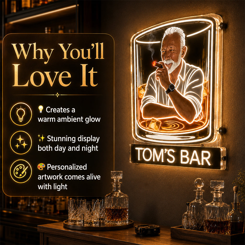 Personalized Adult Man Whiskey Cigar LED Acrylic Bar Sign Home Decor