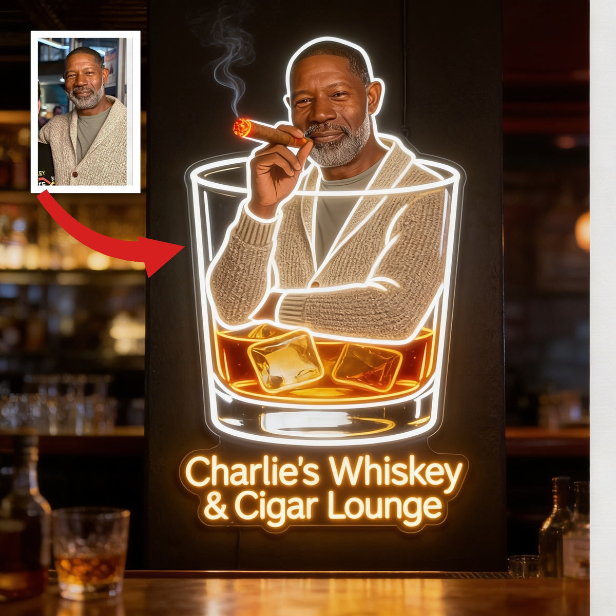 Panneau LED Acrylique Personnalisé pour Whisky & Cigares - Décor de Bar à Domicile