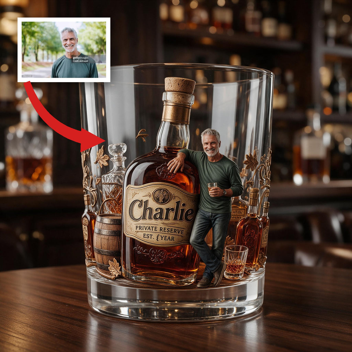 Personalized Smiling Older Man Whiskey Glass Bourbon Gift For Him