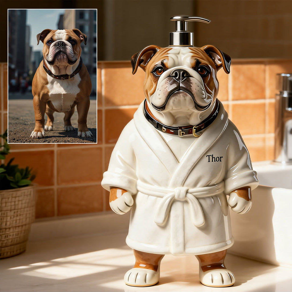Personalized Wrinkled Pug Bathrobe Soap Dispenser Dog Lover Bathroom Gift