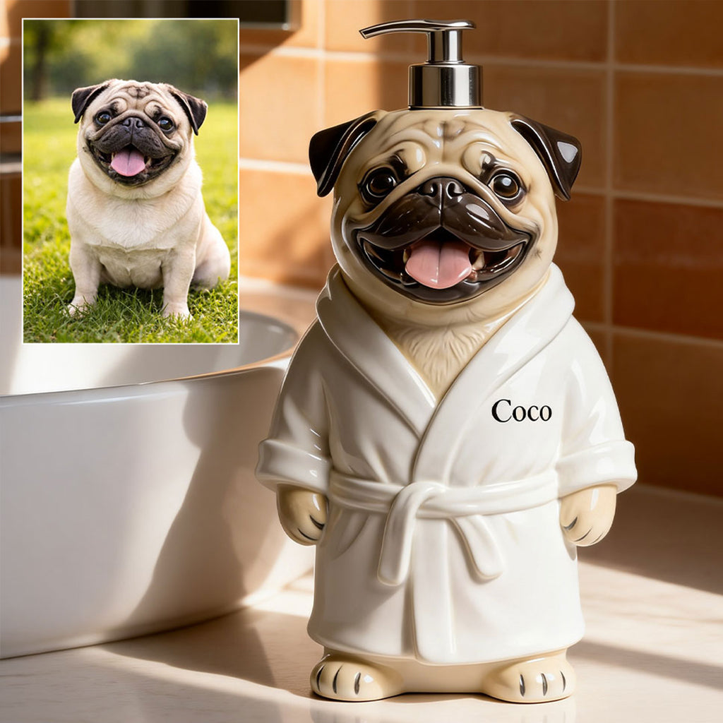 Personalized Wrinkled Pug Bathrobe Soap Dispenser Dog Lover Bathroom Gift