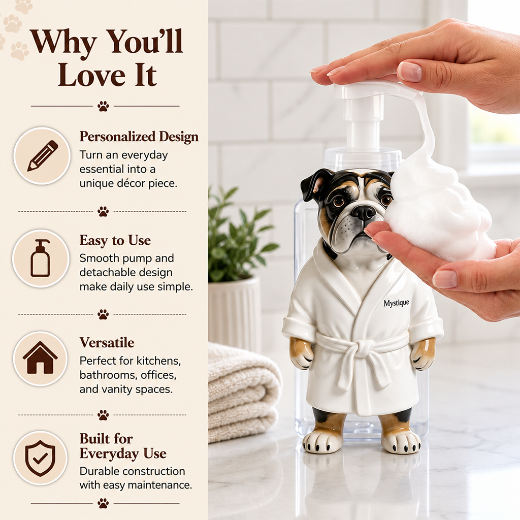 Personalized Wrinkled Pug Bathrobe Soap Dispenser Dog Lover Bathroom Gift