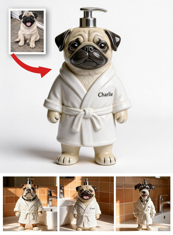 Personalized Wrinkled Pug Bathrobe Soap Dispenser Dog Lover Bathroom Gift