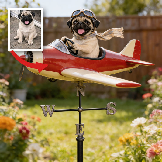 Custom Photo Cute Pug Pilot Airplane Weather Vane, Pet Lover Garden Decor Gift