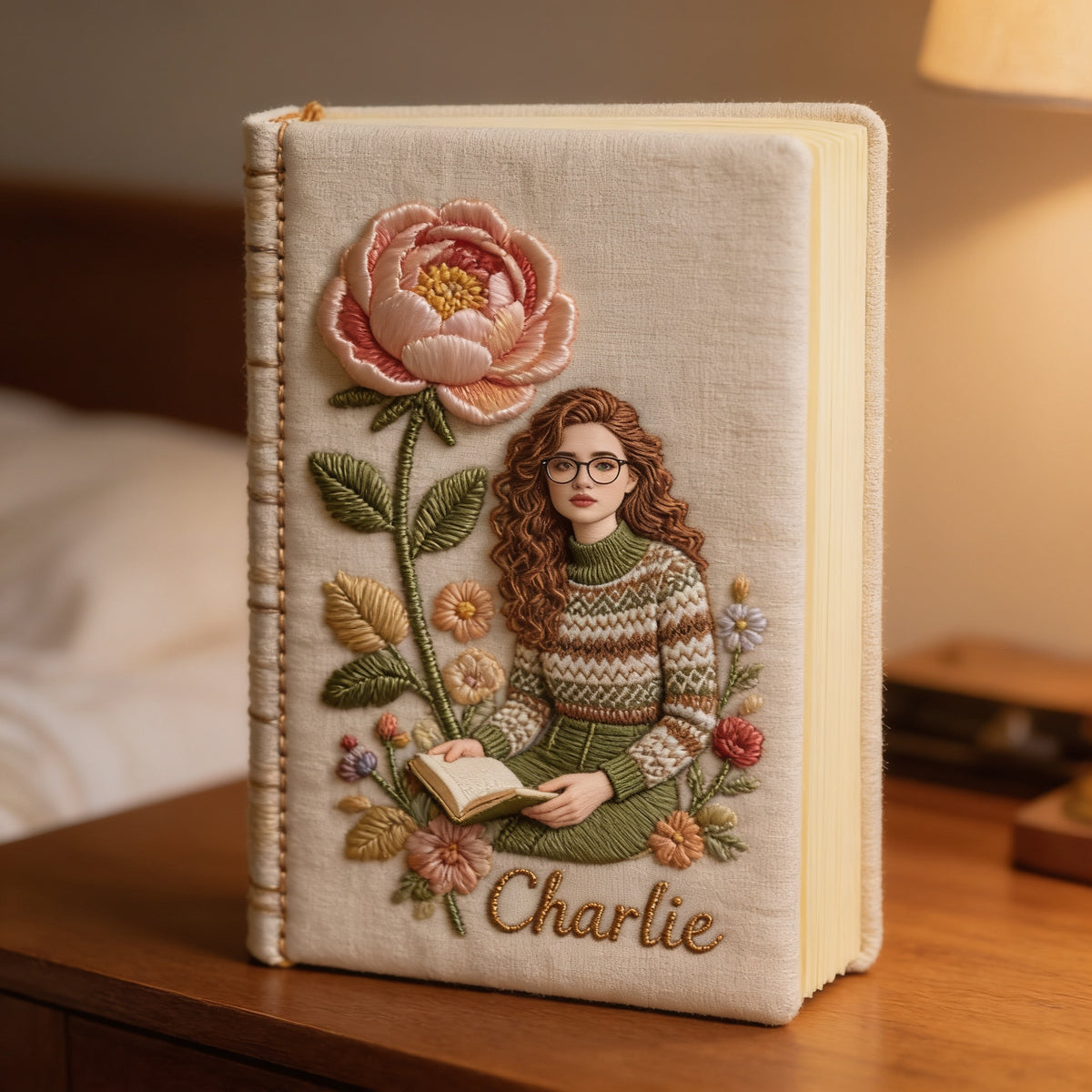 Personalized Birth Month Flower Curly Haired Glasses Young Woman Leather Journal Custom Name Self Love Gift