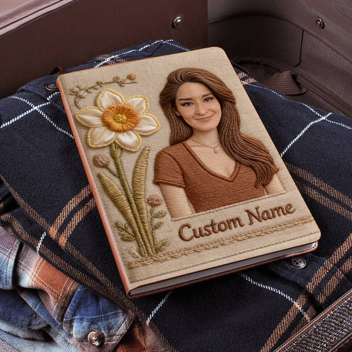 Personalized Birth Month Flower Curly Haired Glasses Young Woman Leather Journal Custom Name Self Love Gift