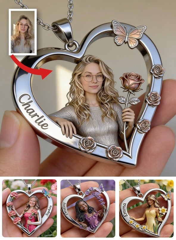 Personalized Birth Month Flower Woman with Glasses Heart Shaped Pendant Necklace