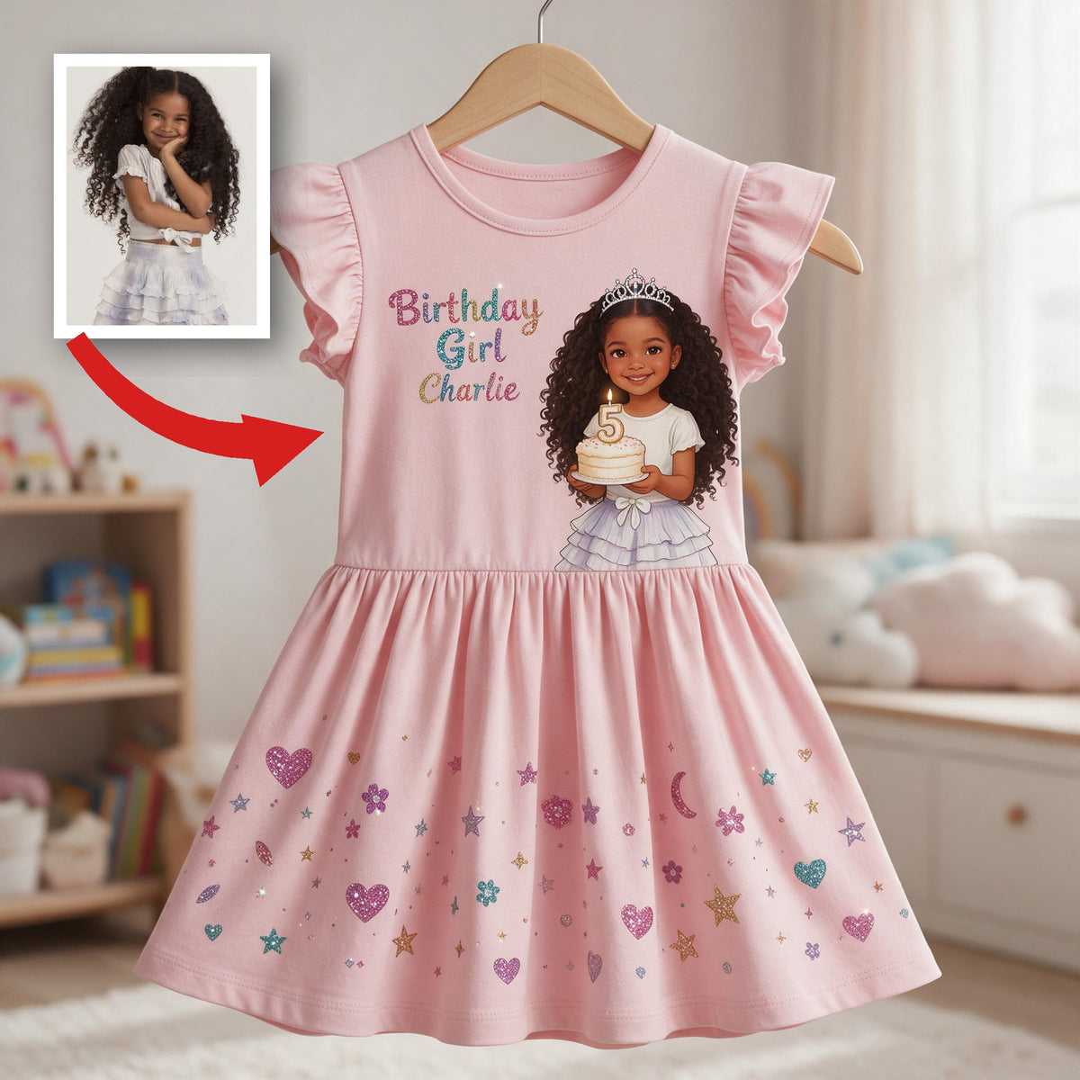 Personalisierte Geburtstagskleid für kleine schwarze Mädchen mit Rüschensleeves, Geschenk zum Geburtstag