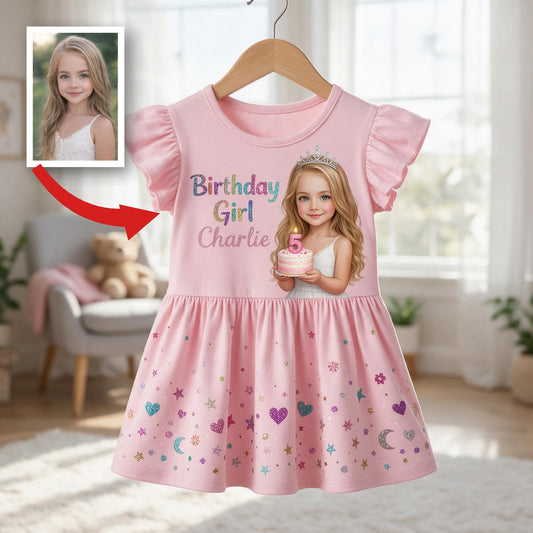 Personalized Birthday Little Girl Ruffle Sleeve Dress, Gift for Daughter Niece Granddaughter