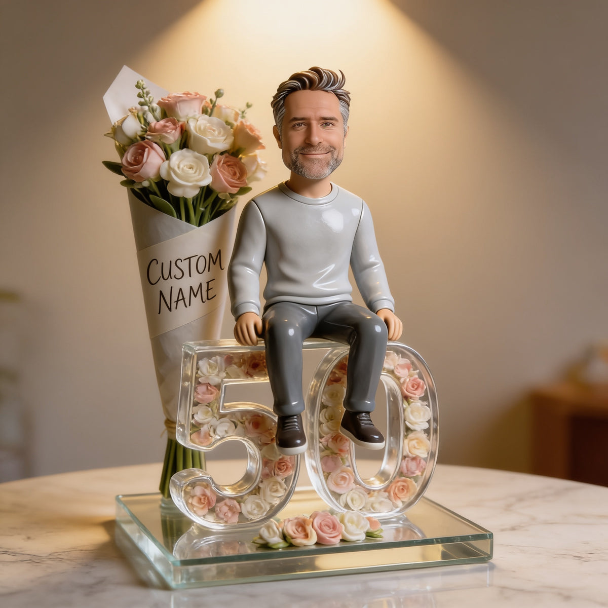 Custom Photo 50th Birthday Senior Man Flower Bouquet Acrylic Plaque Gift For Dad Husband