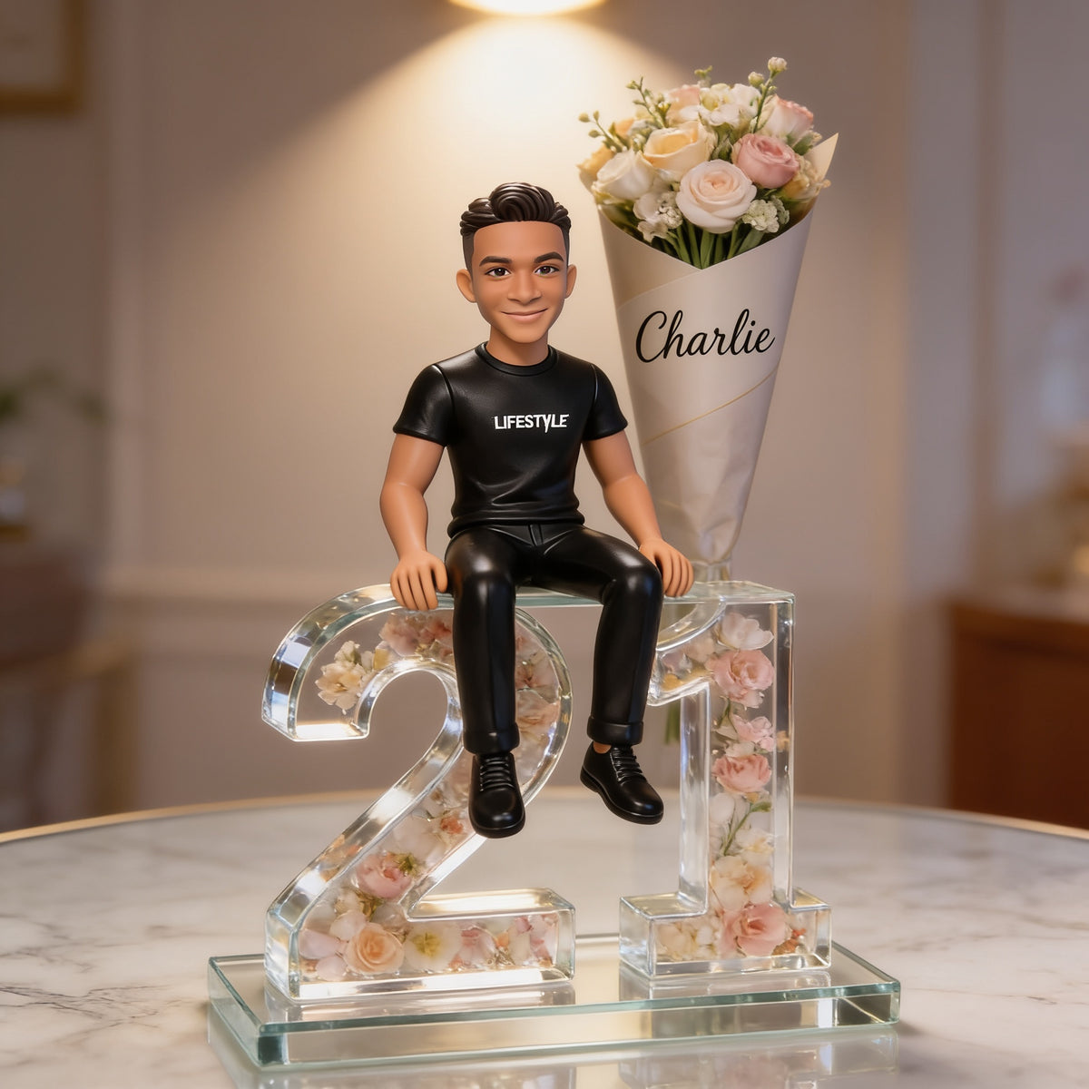 Personalized 21st Birthday Black Man Flower Bouquet Custom Shaped Acrylic Plaque Gift For Him