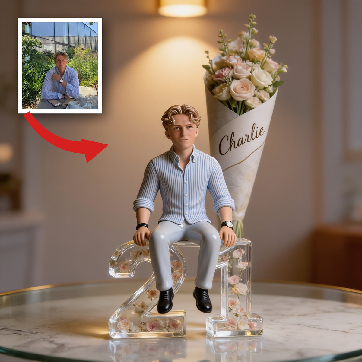Personalized 21st Birthday Man Flower Bouquet Custom Shaped Acrylic Plaque Gift For Him