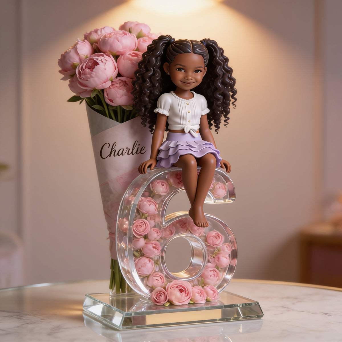 Personalized Birthday Black Little Girl Flower Bouquet Acrylic Plaque, Daughter Granddaughter Niece Gift