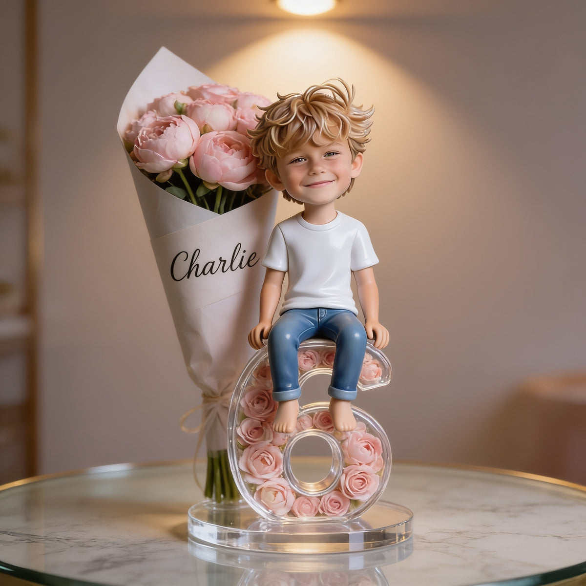 Personalized Birthday Little Boy Flower Bouquet Number Acrylic Plaque Son Grandson Gift