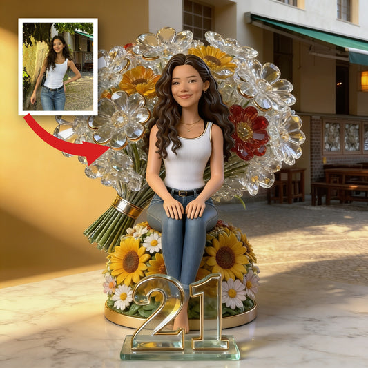 Custom Photo 21st Birthday Latina Woman with Flower Bouquet Shaped Acrylic Plaque Gift for Her