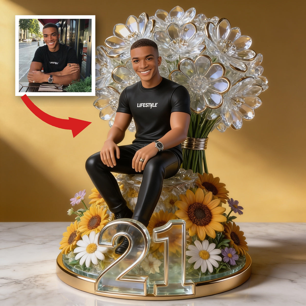 Custom Photo 21st Birthday Black Man Floral Acrylic Plaque, Gift for Husband, Boyfriend, Son