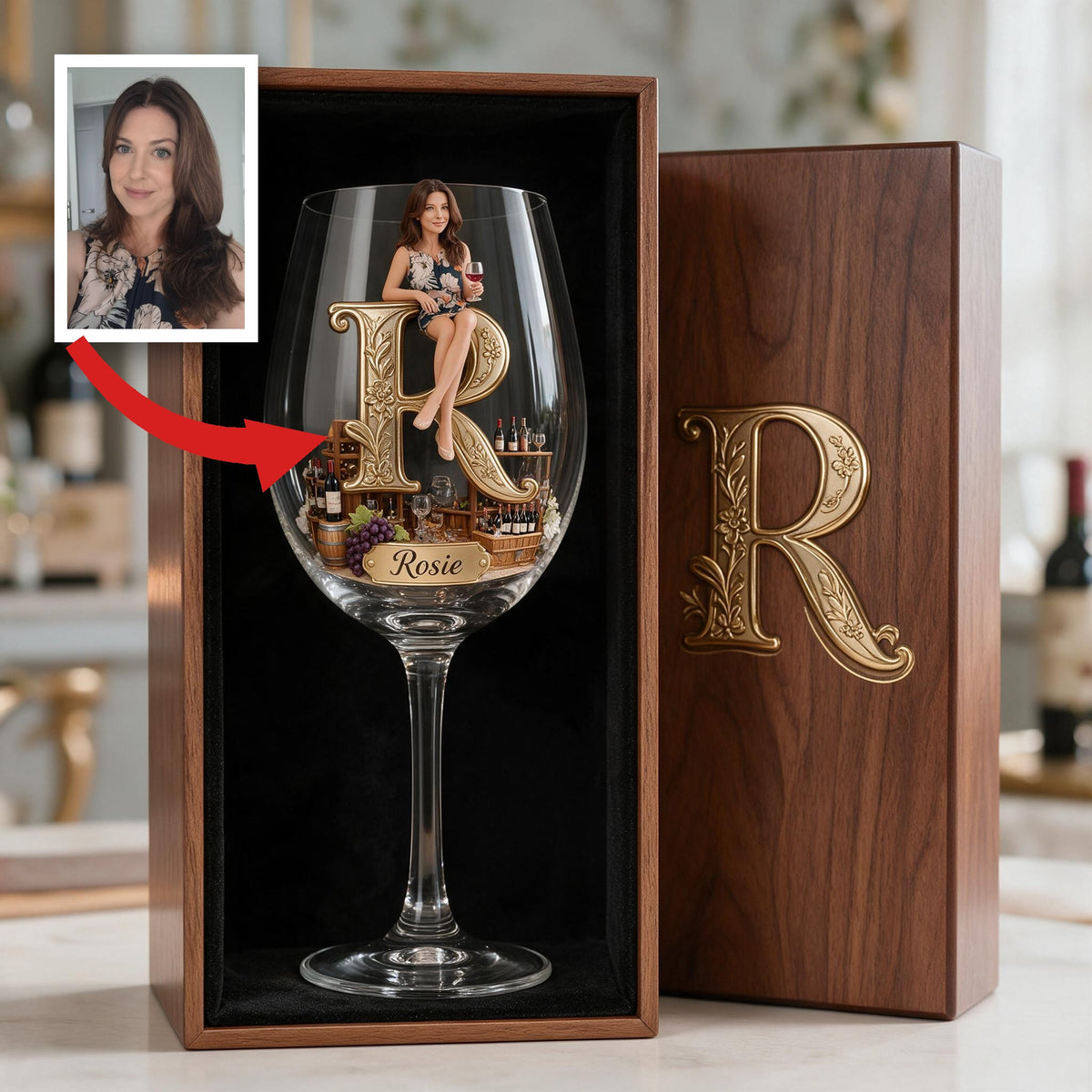 Personalisierte Weinglas-Set für ältere Frauen mit Holzbox - Geschenk für Weinliebhaber