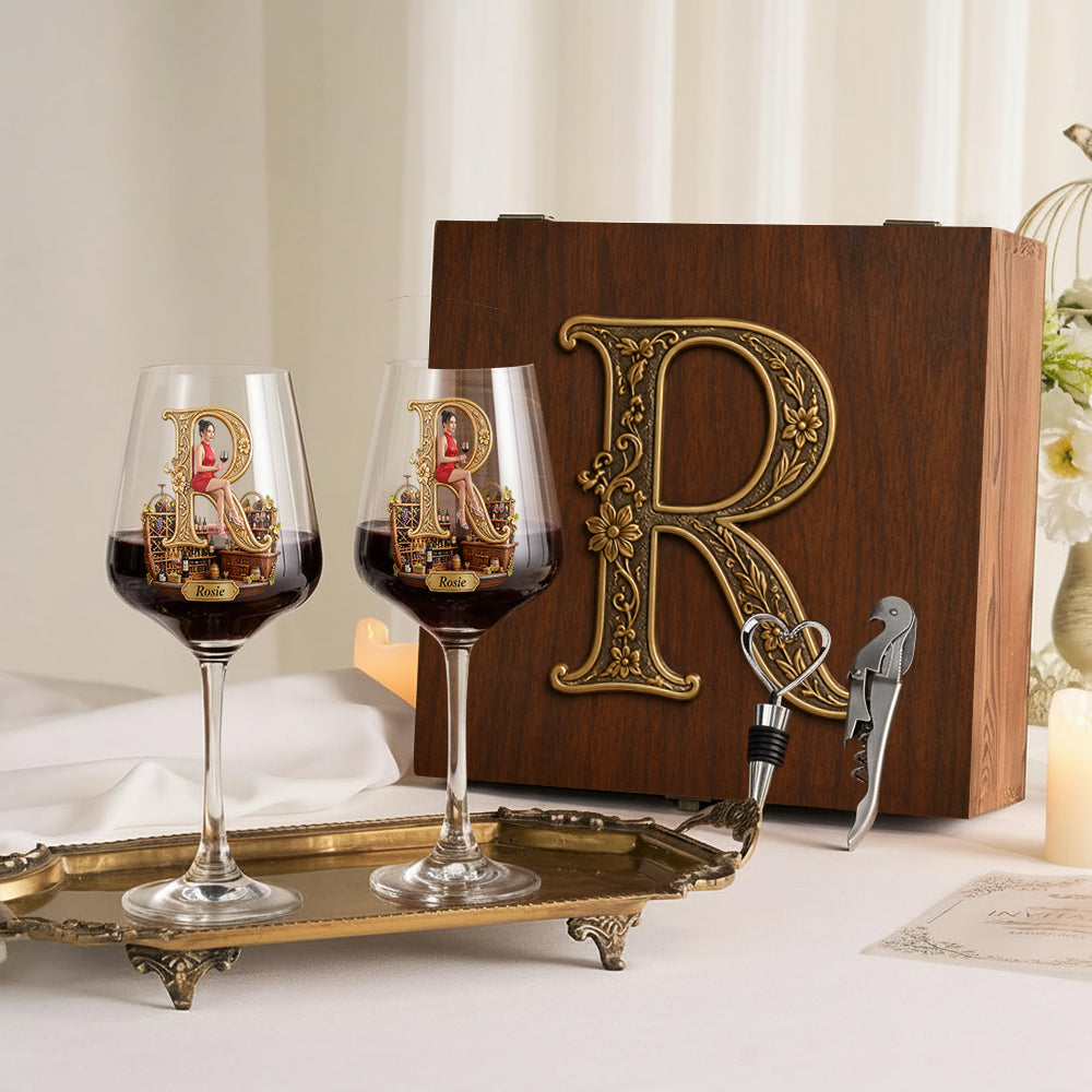 Personalized Woman Wine Glass Set with Wooden Box Gift