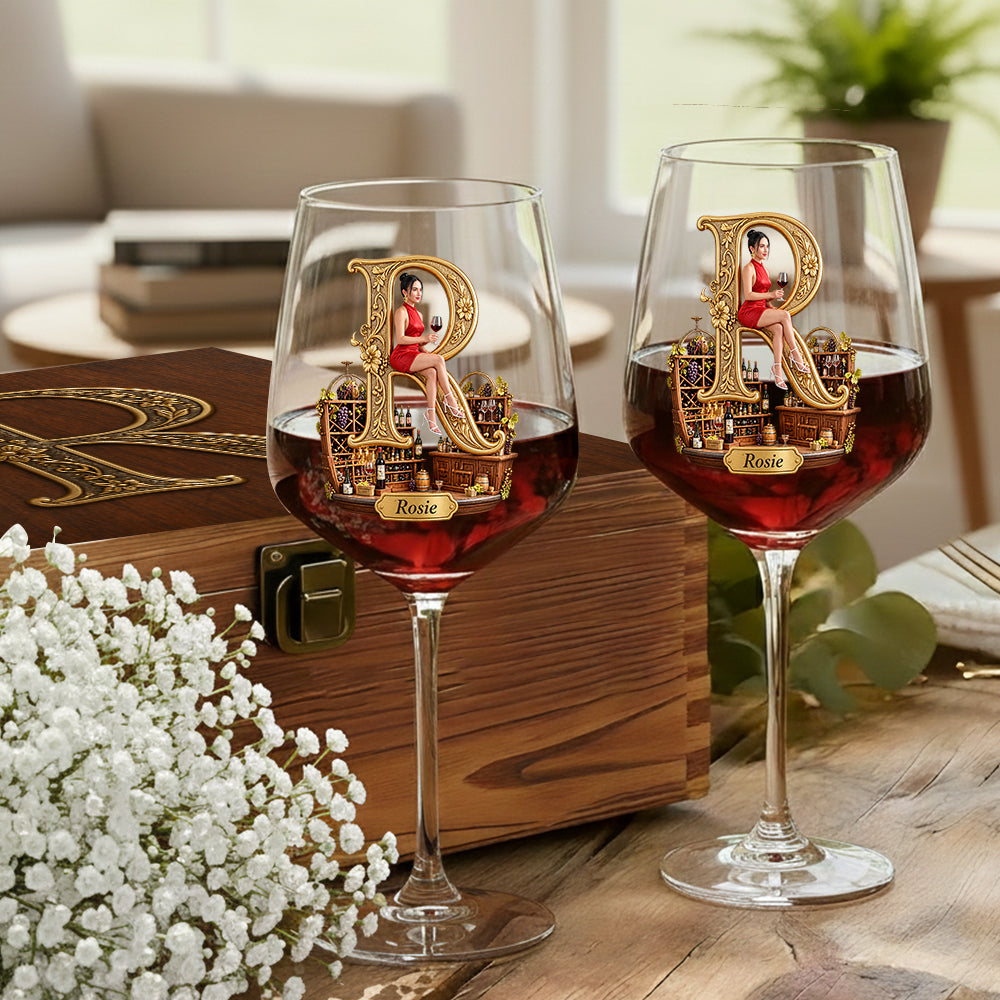 Personalized Woman Wine Glass Set with Wooden Box Gift