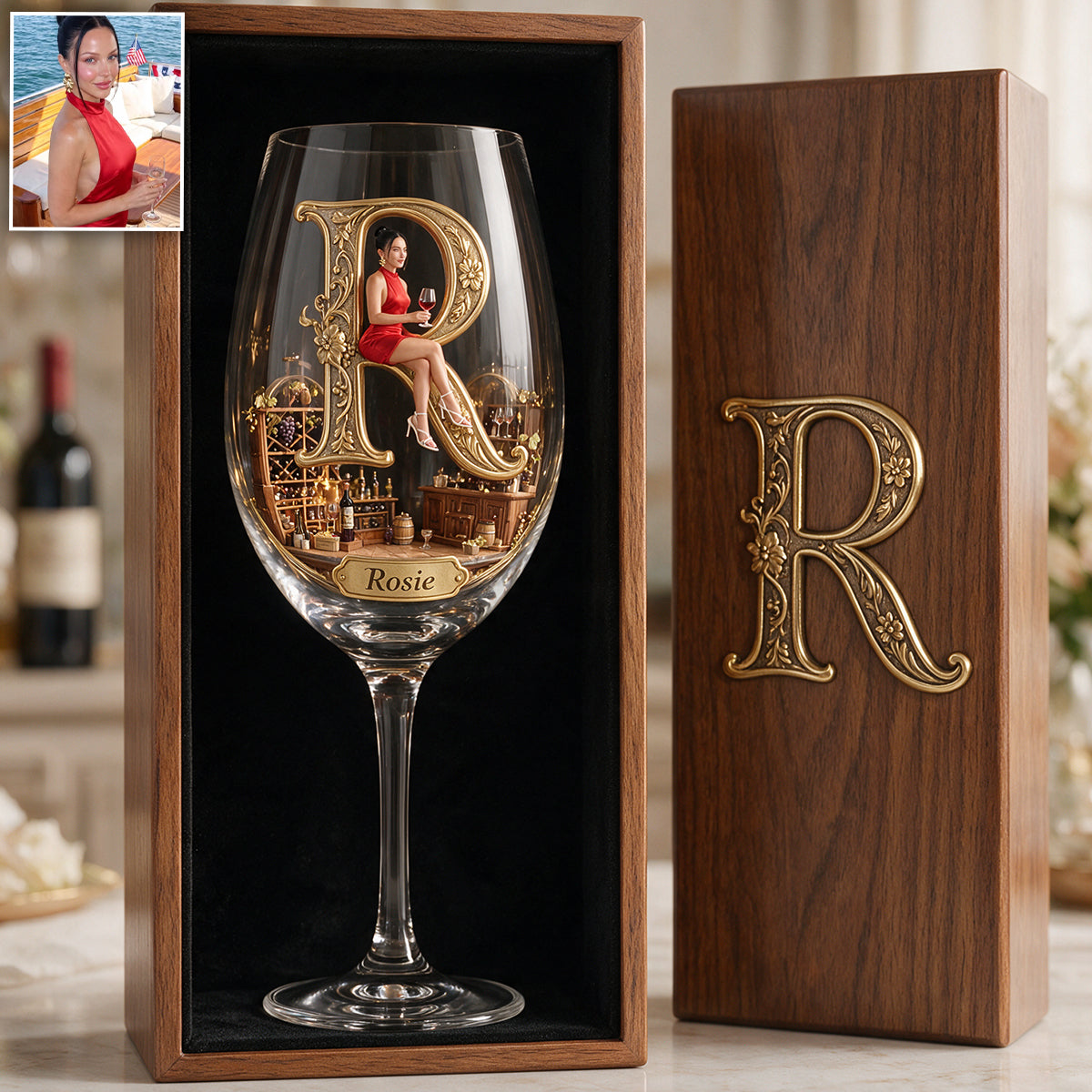 Personalized Older Latina Woman Initial Wine Glass Set, Wine Lover Gift