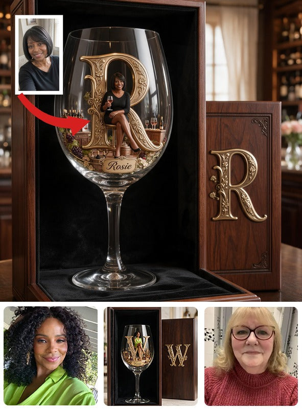 Personalized Initial Older Black Woman Wine Glass Set With Wooden Box, Wine Lover Gift