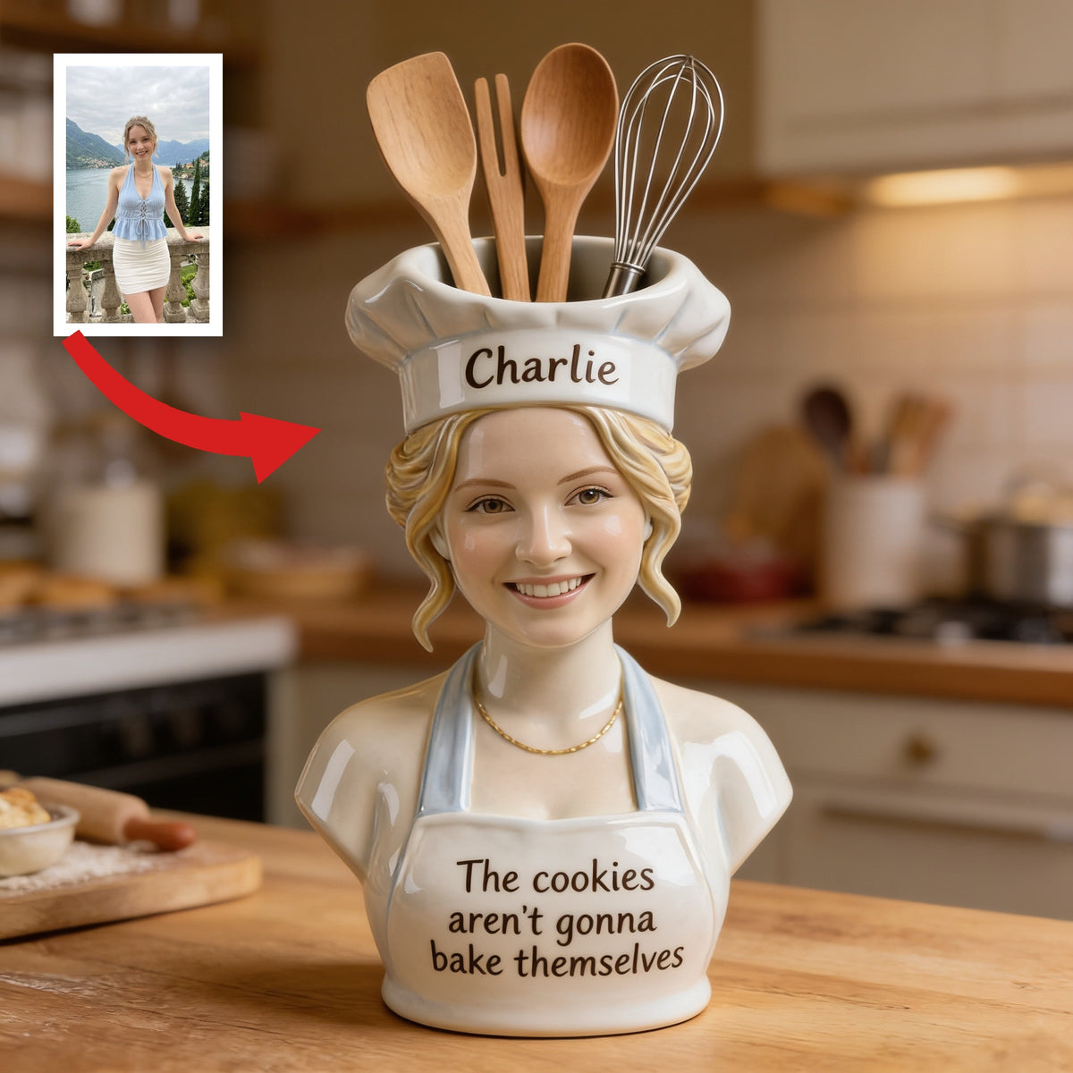 Personalized Woman Chef Acrylic Pot Baking Utensil Holder Kitchen Gift