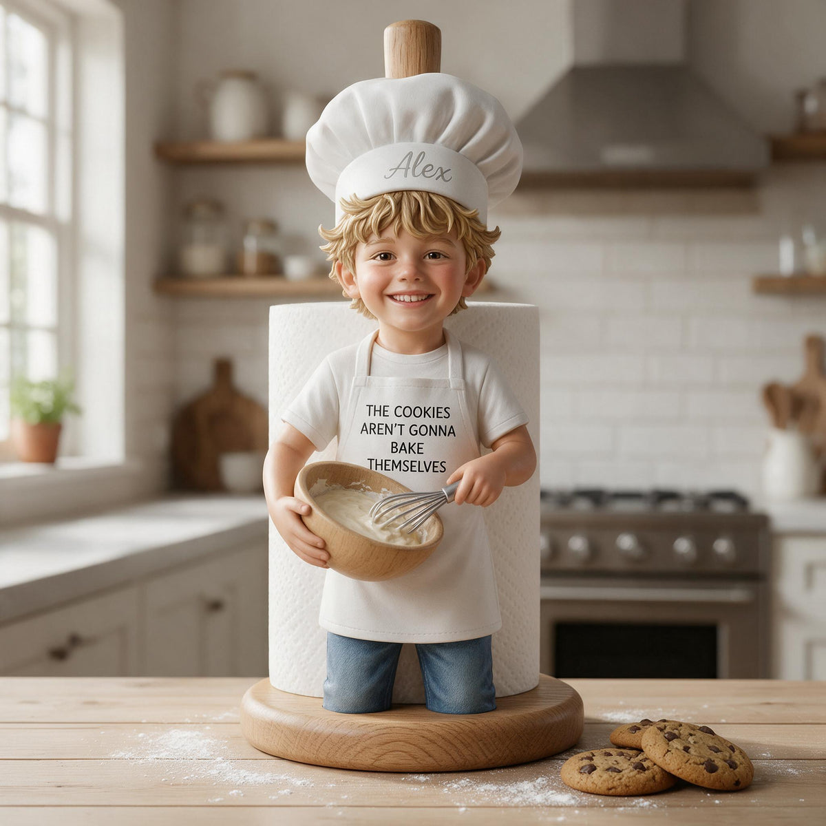 Custom Photo Little Boy Baker Wooden Paper Towel Stand Kitchen Decor Gift