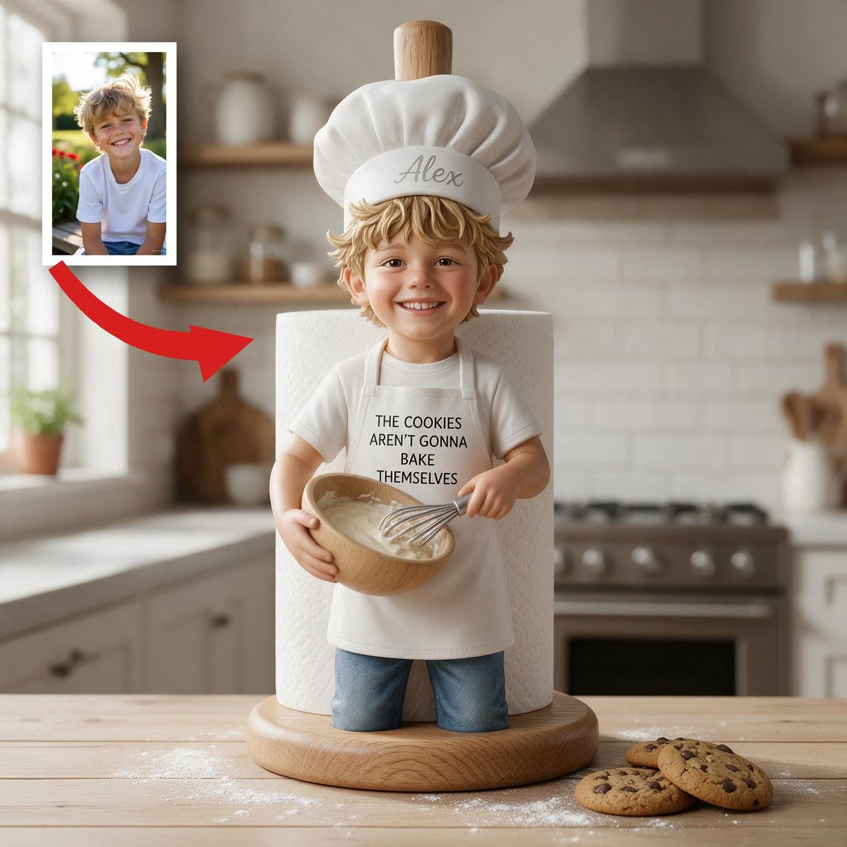 Custom Photo Little Boy Baker Wooden Paper Towel Stand Kitchen Decor Gift