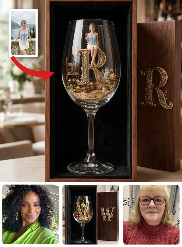 Personalized Woman Wine Glass Set with Wooden Box Gift