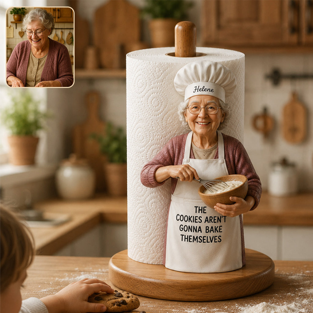 Custom Photo Older Baker Dad Paper Towel Stand, 50th Birthday Kitchen Gift