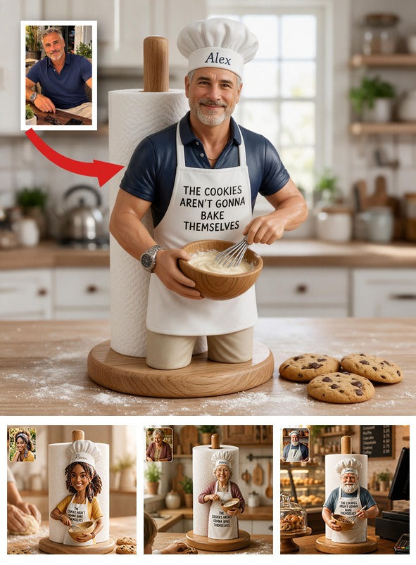 Custom Photo Older Baker Dad Paper Towel Stand, 50th Birthday Kitchen Gift