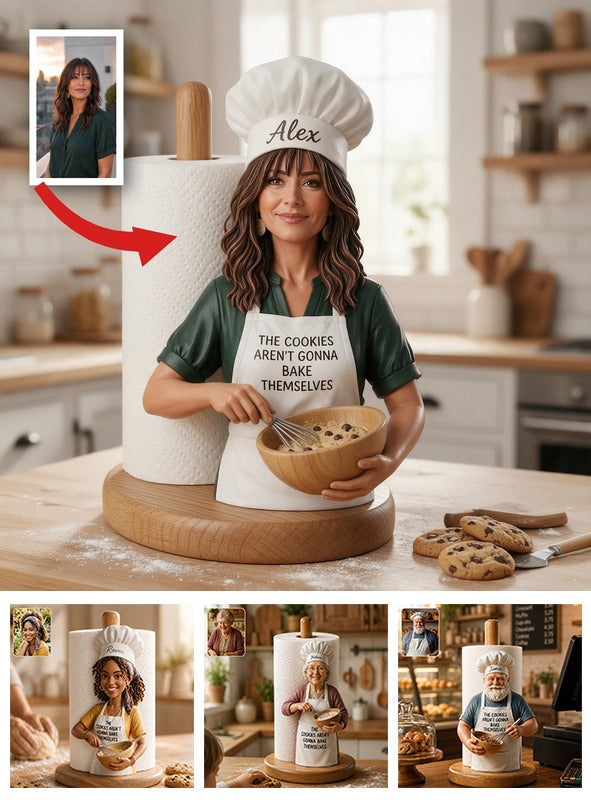 Custom Photo Older Latina Baking Chef Paper Towel Stand, Fun Kitchen Decor Gift