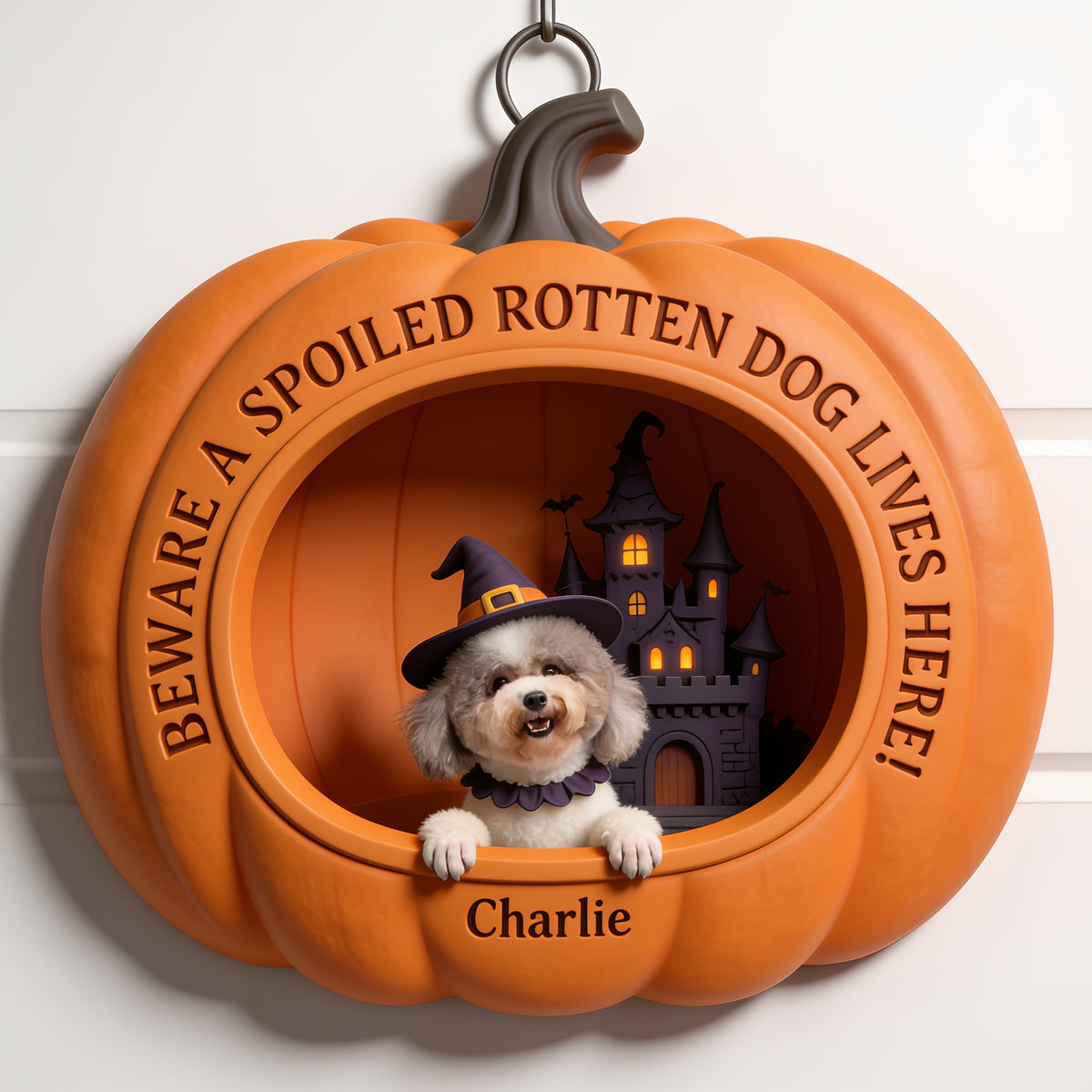 Personalized Halloween Curly Fur Poodle Pumpkin Shaped Wood Sign Dog Lover Gift