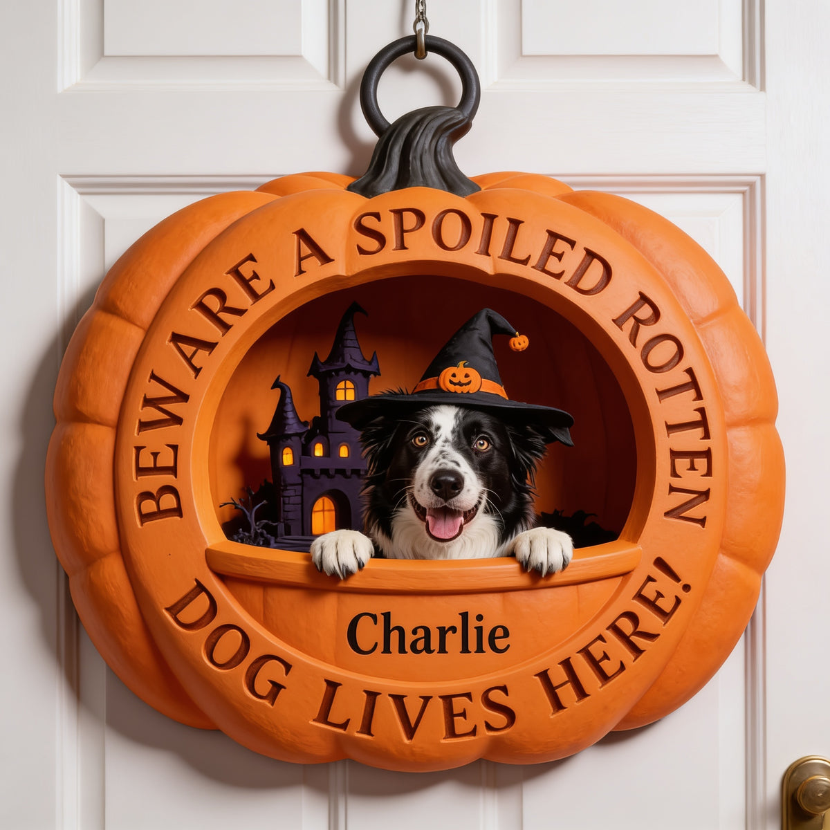 Personalized Halloween Black and White Border Collie Pumpkin Wood Sign Home Decor