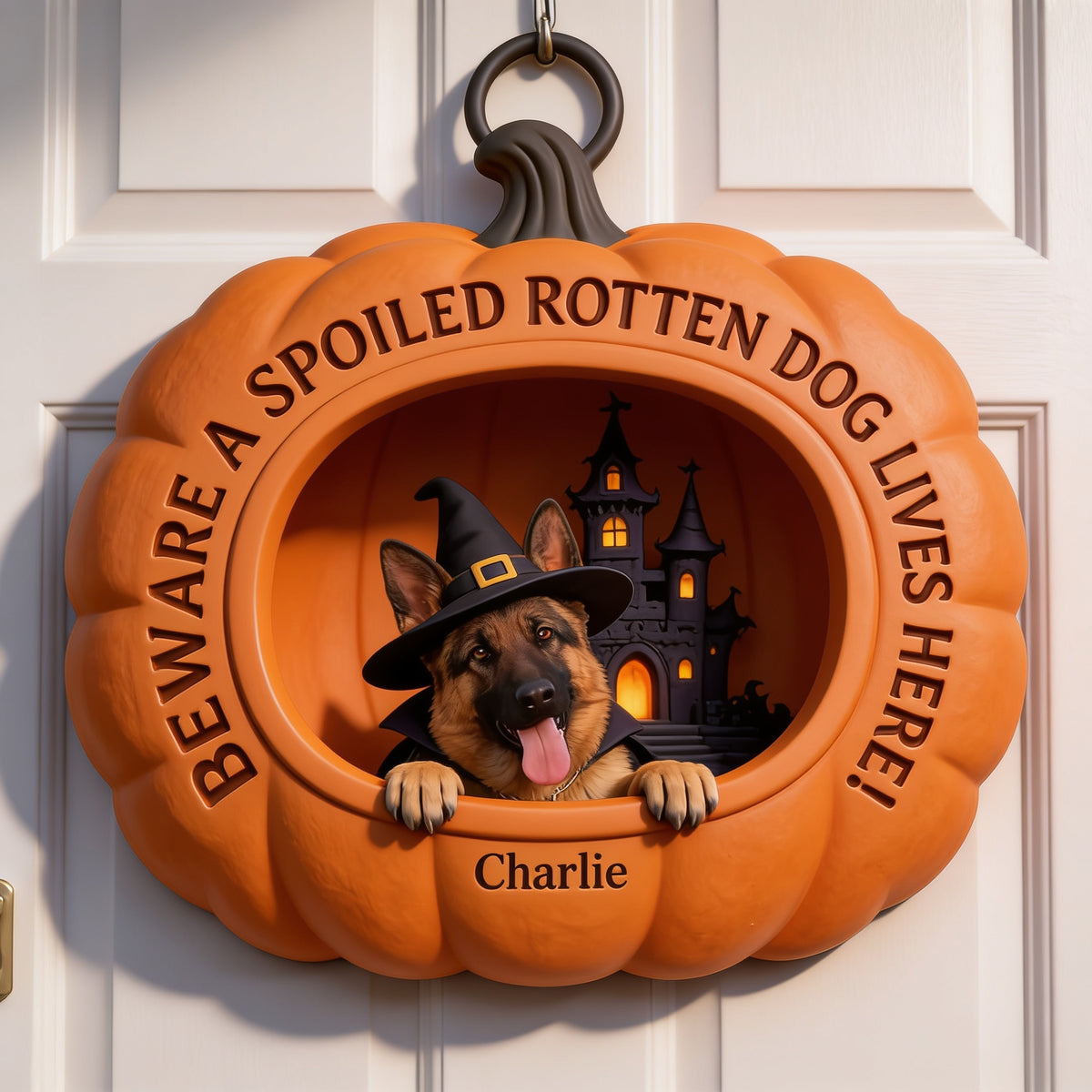 Personalized Halloween German Shepherd Pumpkin Shaped Wood Sign Home Decor
