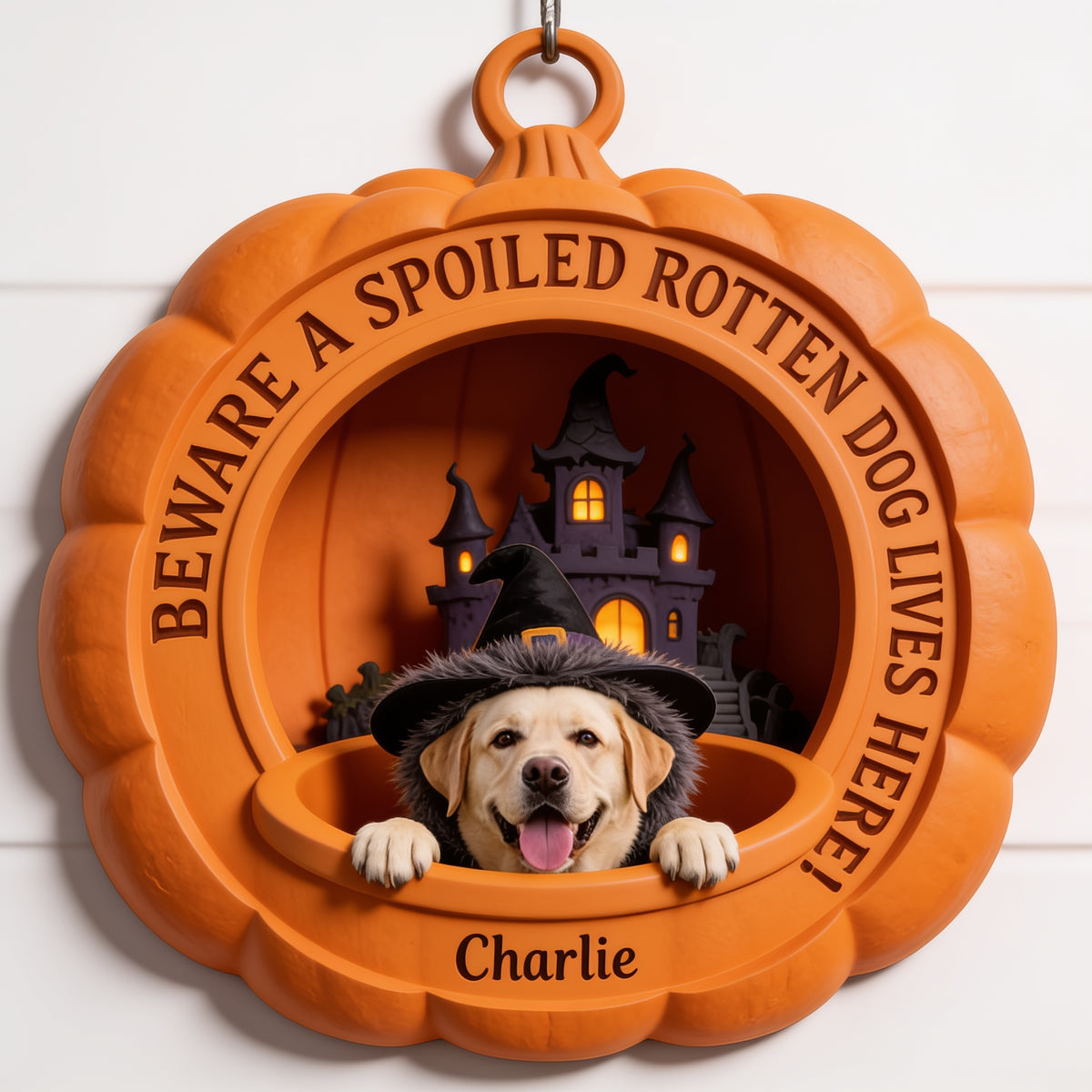 Personalized Halloween Cream Labrador Retriever Pumpkin Shaped Wood Sign Dog Gift