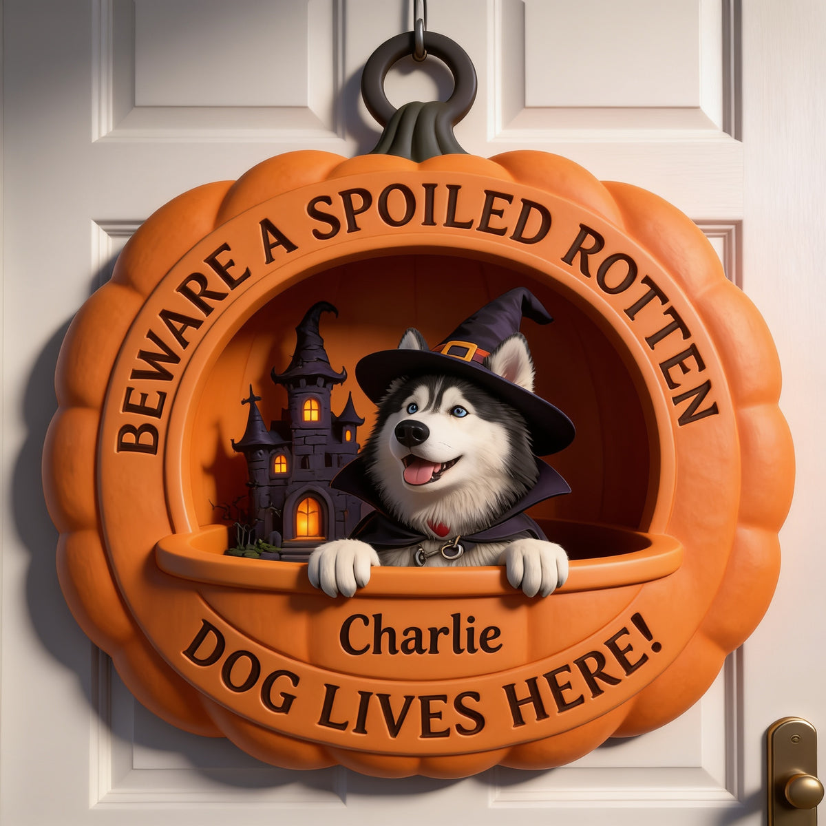 Personalized Halloween Blue Eyed Siberian Husky Pumpkin Shaped Wood Sign Home Decor