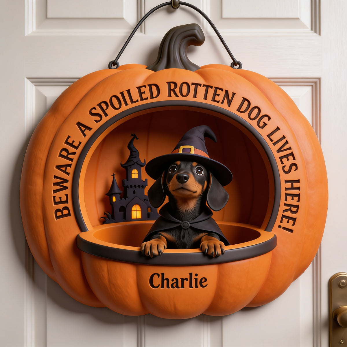 Personalized Halloween Black and Tan Dachshund Puppy Pumpkin Wood Sign Dog Lover Decor