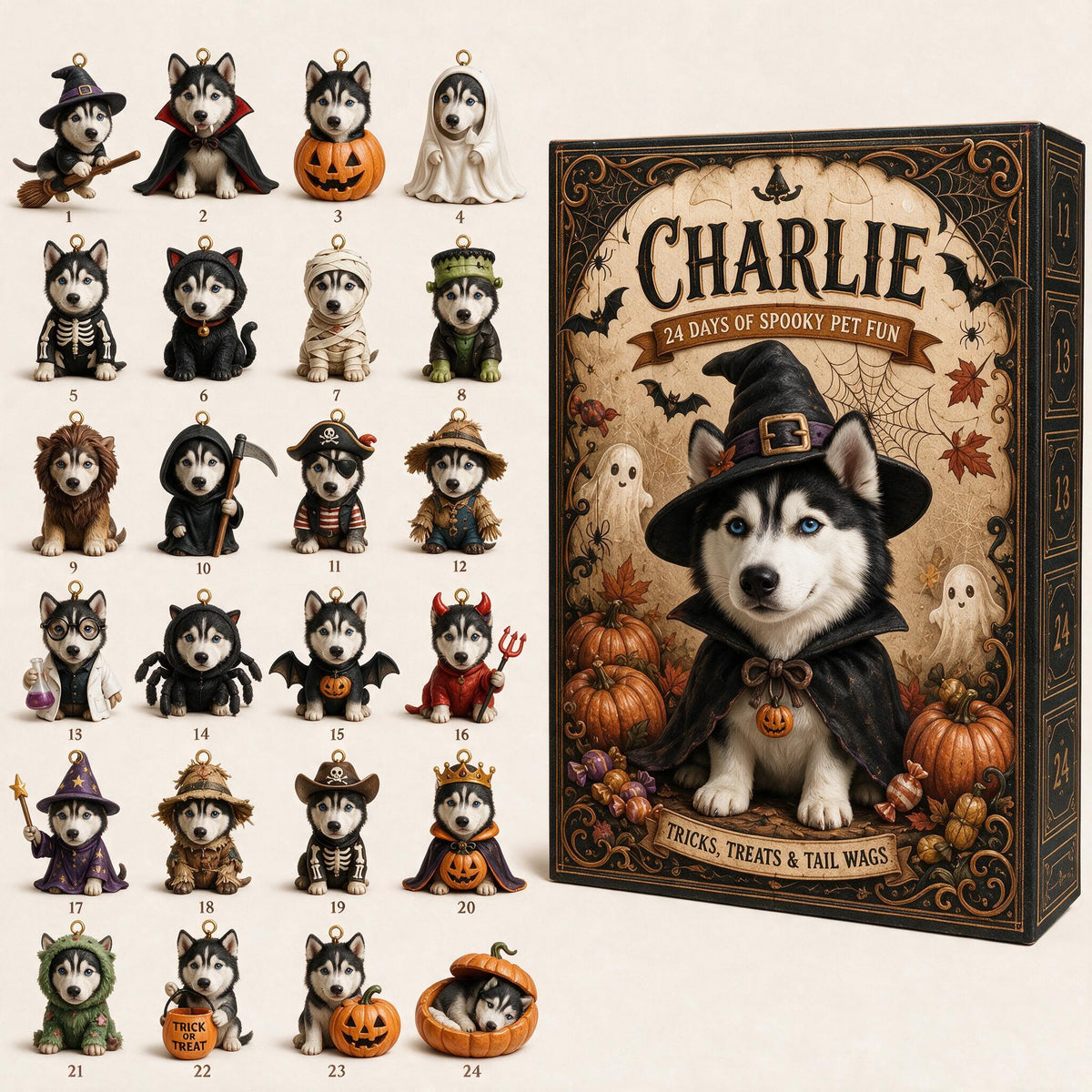 Personalized Halloween Black & White Siberian Husky Advent Calendar Ornament Set
