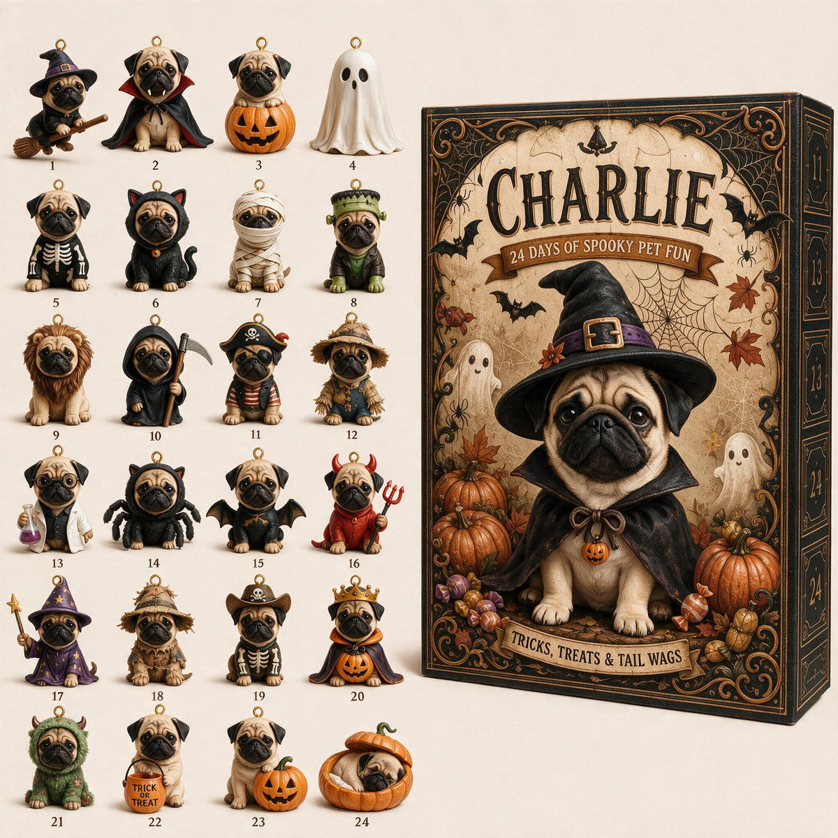 Personalized Halloween Fawn Pug Advent Calendar with Mini Ornaments, Dog Lover Gift