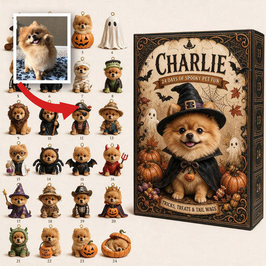 Personalized Halloween Fluffy Golden Pomeranian Advent Calendar with Mini Ornaments, Dog Lover Gift