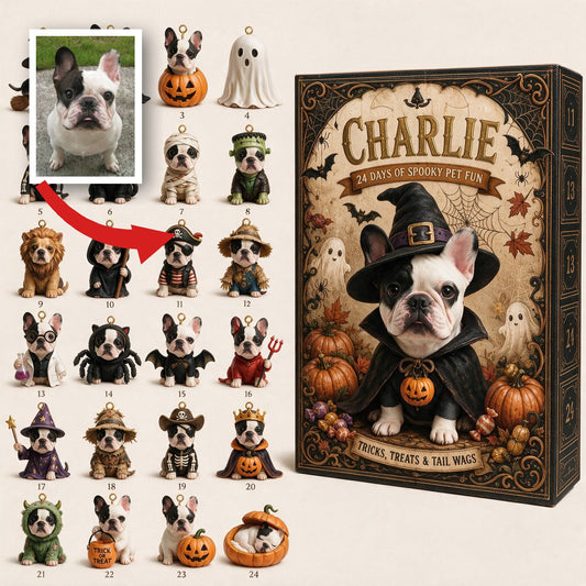 Personalized Halloween Black and White French Bulldog Advent Calendar with Ornaments