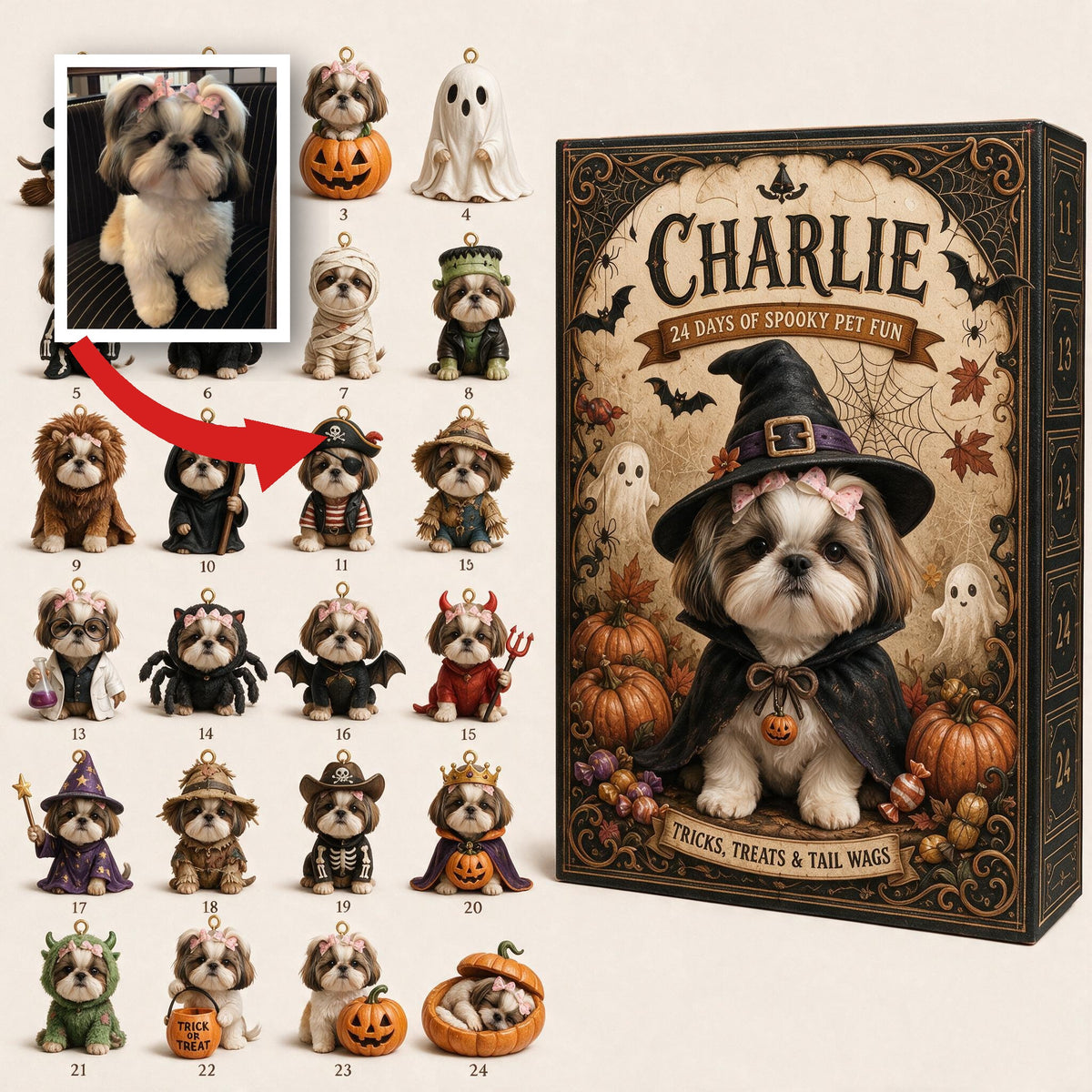 Personalized Halloween Fluffy Shih Tzu Advent Calendar with Mini Ornaments, Pet Lover Gift