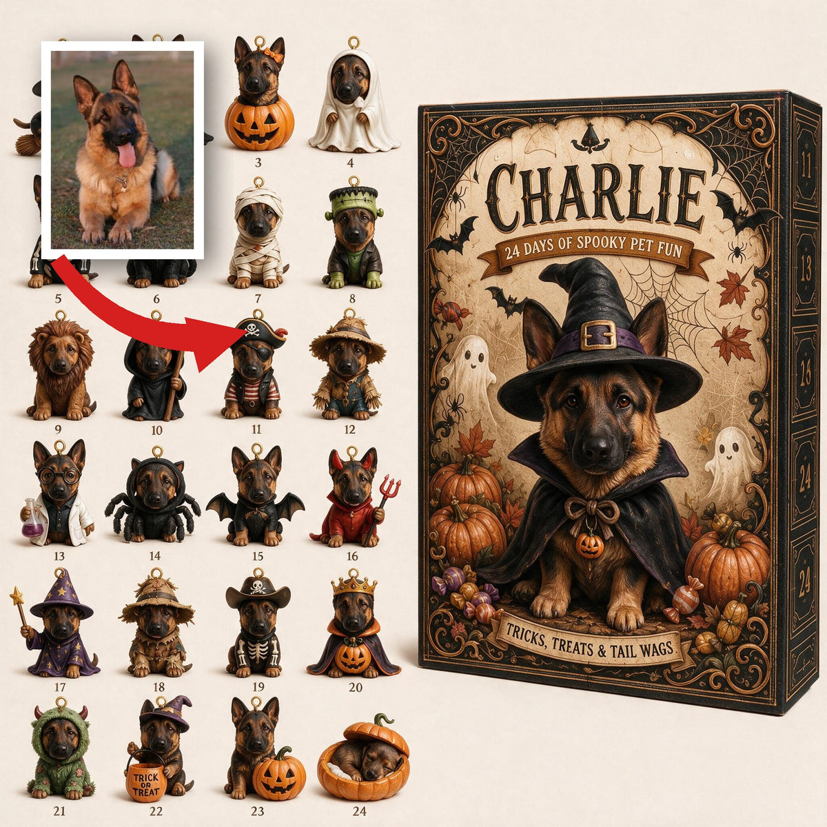 Personalized Halloween Black and Tan German Shepherd Advent Calendar with Ornaments