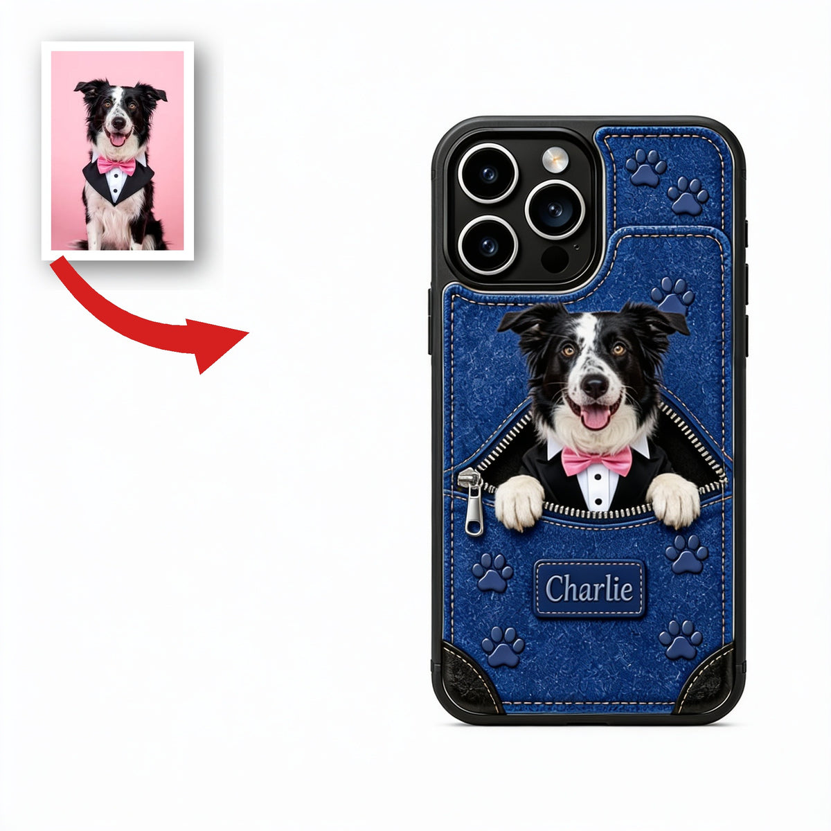 Personalized Black and White Border Collie Pink Bow Tie Wallet Phone Case Dog Lover Gift