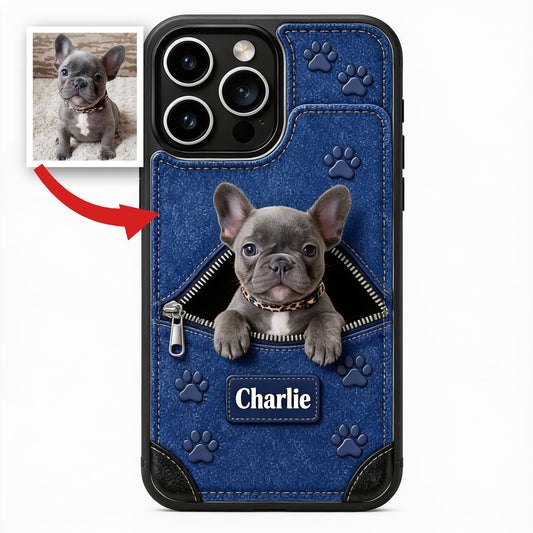Coque de téléphone portefeuille personnalisée avec chiot Bulldog français gris